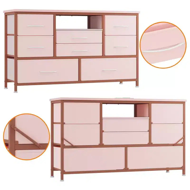 Commode TV 8 tiroirs avec prise de courant intégrée et lumières LED 20 couleurs, Grand meuble de rangement pour TV jusqu'à 50 pouces
