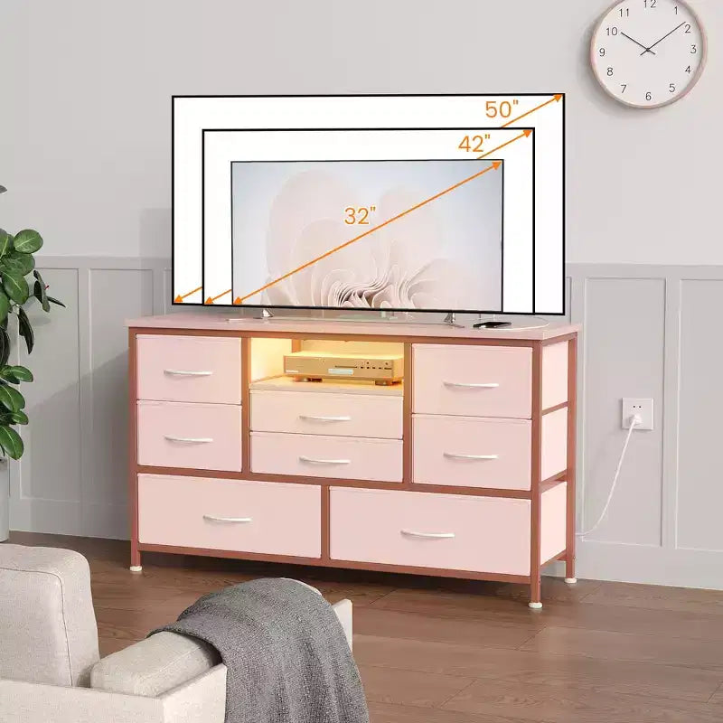 Commode TV 8 tiroirs avec prise de courant intégrée et lumières LED 20 couleurs, Grand meuble de rangement pour TV jusqu'à 50 pouces