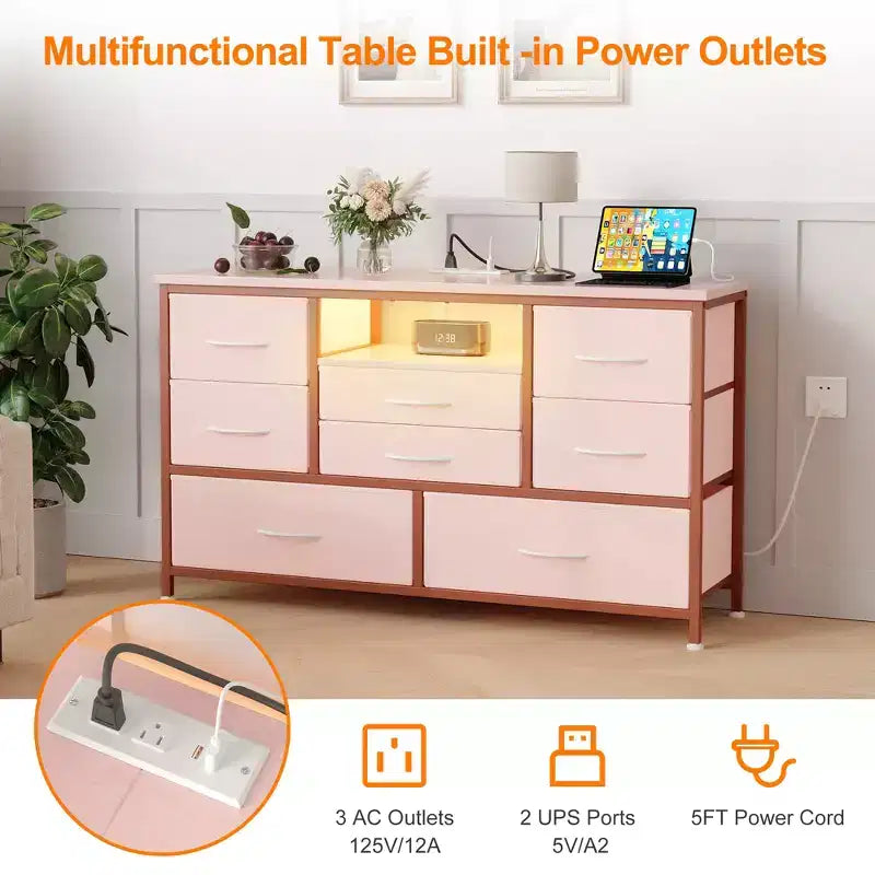 Commode TV 8 tiroirs avec prise de courant intégrée et lumières LED 20 couleurs, Grand meuble de rangement pour TV jusqu'à 50 pouces