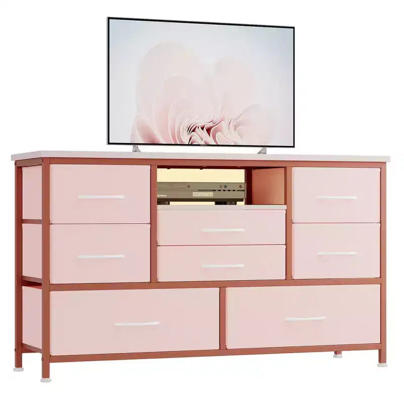 Commode TV 8 tiroirs avec prise de courant intégrée et lumières LED 20 couleurs, Grand meuble de rangement pour TV jusqu'à 50 pouces