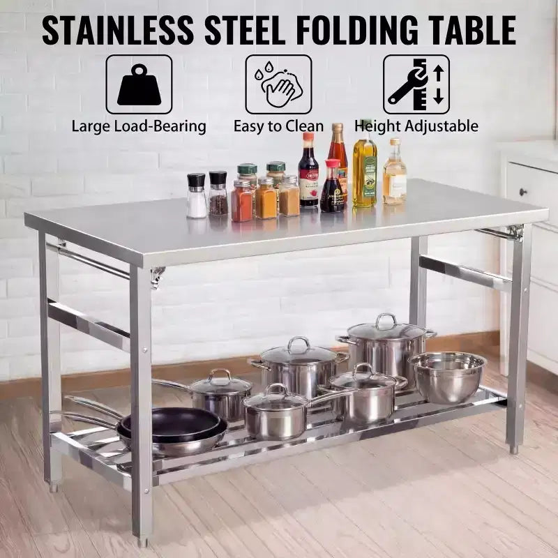 Table de préparation pliante en acier inoxydable, table de travail commerciale robuste avec étagère inférieure réglable pour restaurant, cuisine, service alimentaire, gain de place