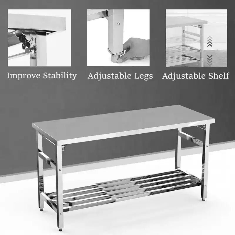 Table de préparation pliante en acier inoxydable, table de travail commerciale robuste avec étagère inférieure réglable pour restaurant, cuisine, service alimentaire, gain de place