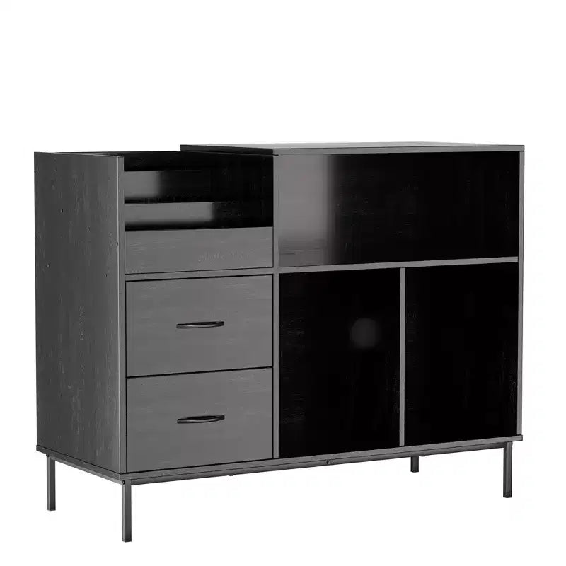 Meuble de tourne-disque à plateau relevable avec rangement, étagère pour platine vinyle et tiroirs, console audio média robuste en bois et métal