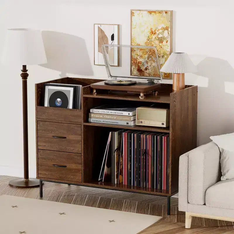Meuble de tourne-disque à plateau relevable avec rangement, étagère pour platine vinyle et tiroirs, console audio média robuste en bois et métal