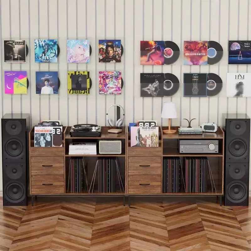 Meuble de tourne-disque à plateau relevable avec rangement, étagère pour platine vinyle et tiroirs, console audio média robuste en bois et métal