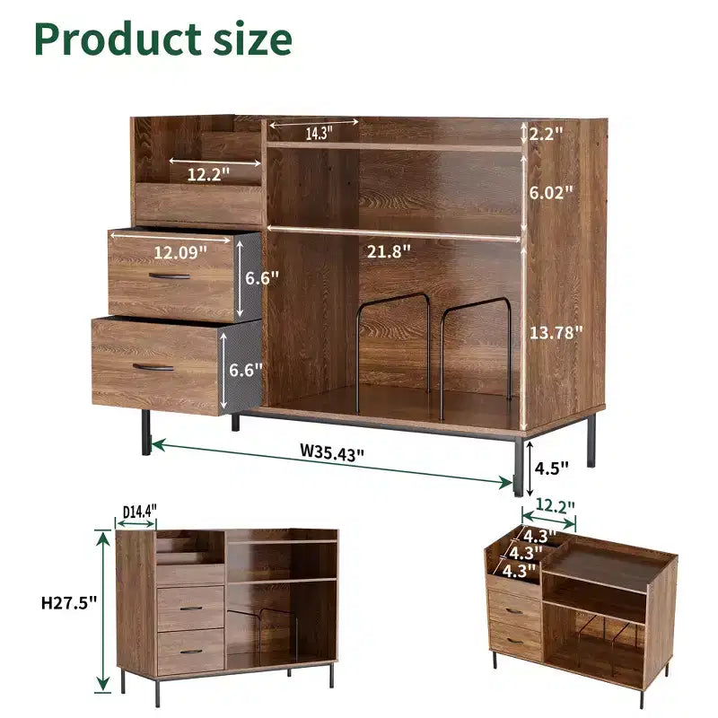 Meuble de tourne-disque à plateau relevable avec rangement, étagère pour platine vinyle et tiroirs, console audio média robuste en bois et métal