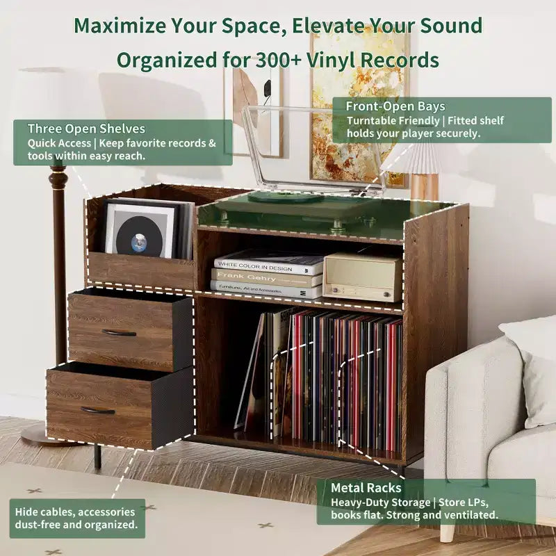 Meuble de tourne-disque à plateau relevable avec rangement, étagère pour platine vinyle et tiroirs, console audio média robuste en bois et métal
