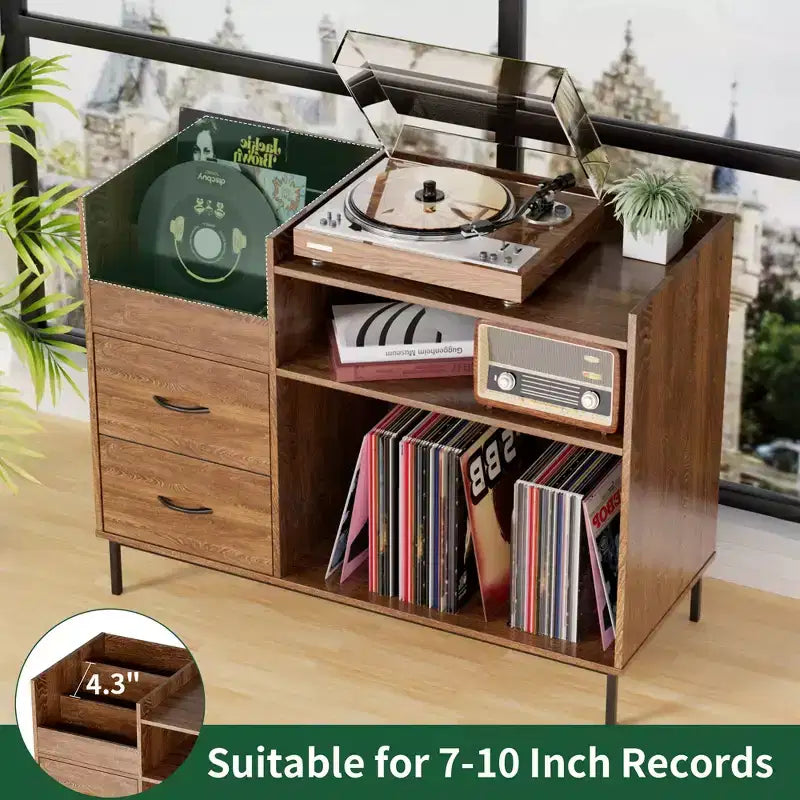 Meuble de tourne-disque à plateau relevable avec rangement, étagère pour platine vinyle et tiroirs, console audio média robuste en bois et métal