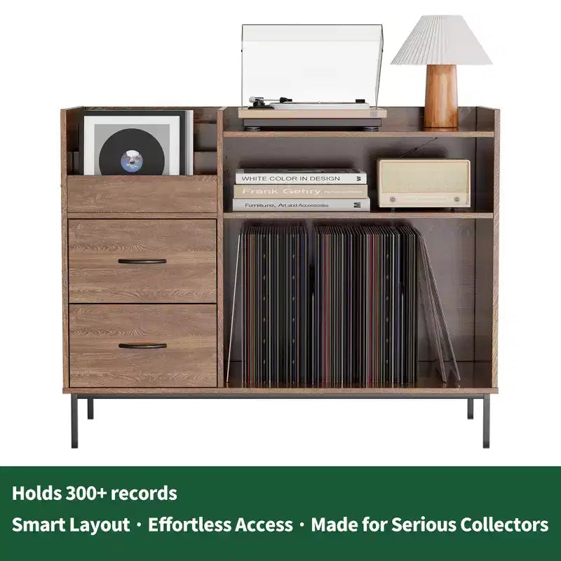 Meuble de tourne-disque à plateau relevable avec rangement, étagère pour platine vinyle et tiroirs, console audio média robuste en bois et métal