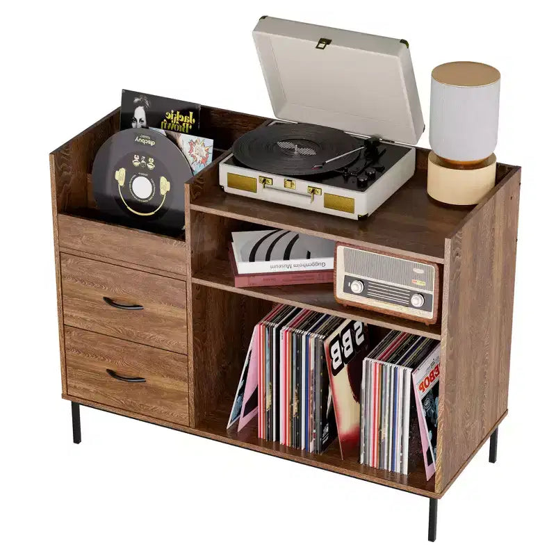 Meuble de tourne-disque à plateau relevable avec rangement, étagère pour platine vinyle et tiroirs, console audio média robuste en bois et métal