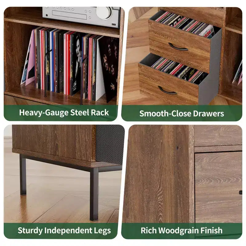 Meuble de tourne-disque à plateau relevable avec rangement, étagère pour platine vinyle et tiroirs, console audio média robuste en bois et métal
