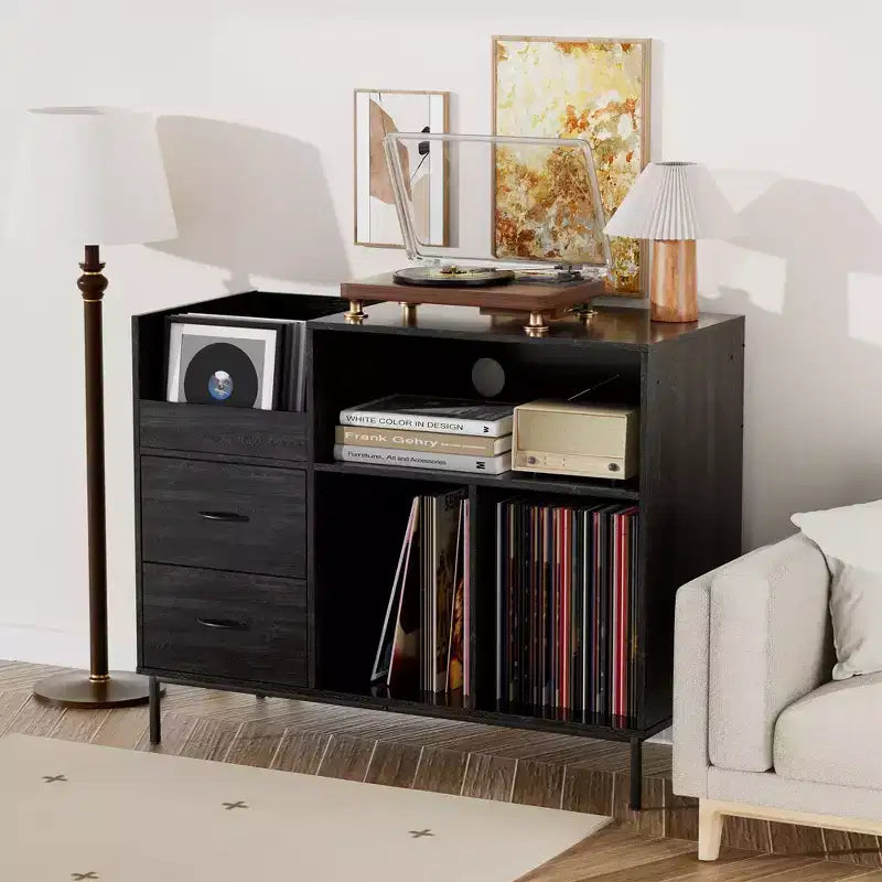 Meuble de tourne-disque à plateau relevable avec rangement, étagère pour platine vinyle et tiroirs, console audio média robuste en bois et métal