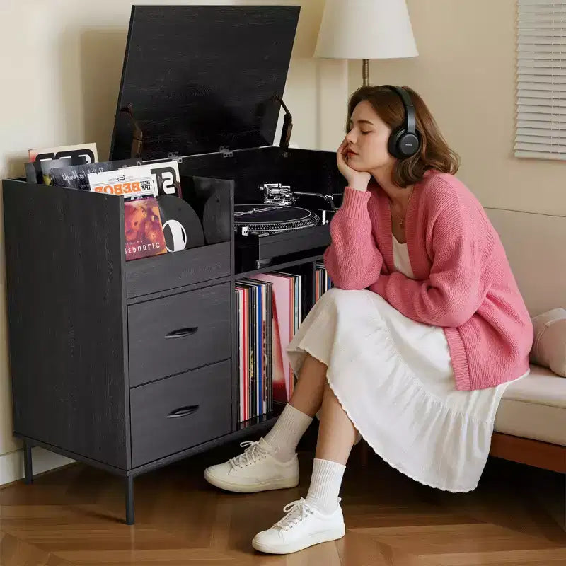 Meuble de tourne-disque à plateau relevable avec rangement, étagère pour platine vinyle et tiroirs, console audio média robuste en bois et métal