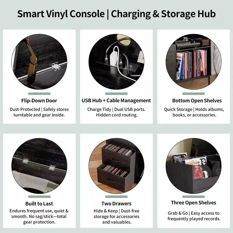 Meuble de tourne-disque à plateau relevable avec rangement, étagère pour platine vinyle et tiroirs, console audio média robuste en bois et métal