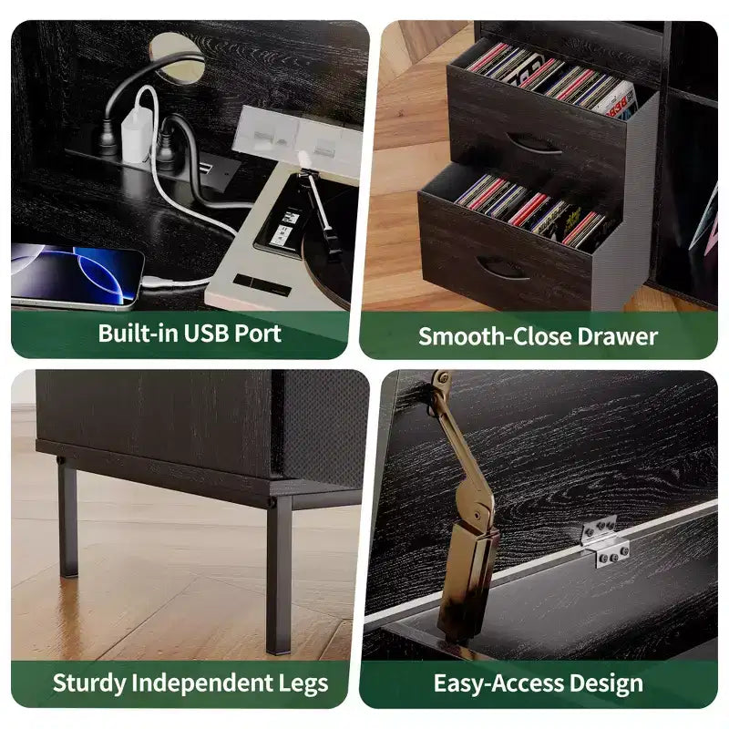 Meuble de tourne-disque à plateau relevable avec rangement, étagère pour platine vinyle et tiroirs, console audio média robuste en bois et métal