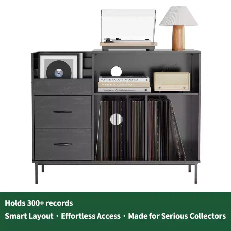 Meuble de tourne-disque à plateau relevable avec rangement, étagère pour platine vinyle et tiroirs, console audio média robuste en bois et métal