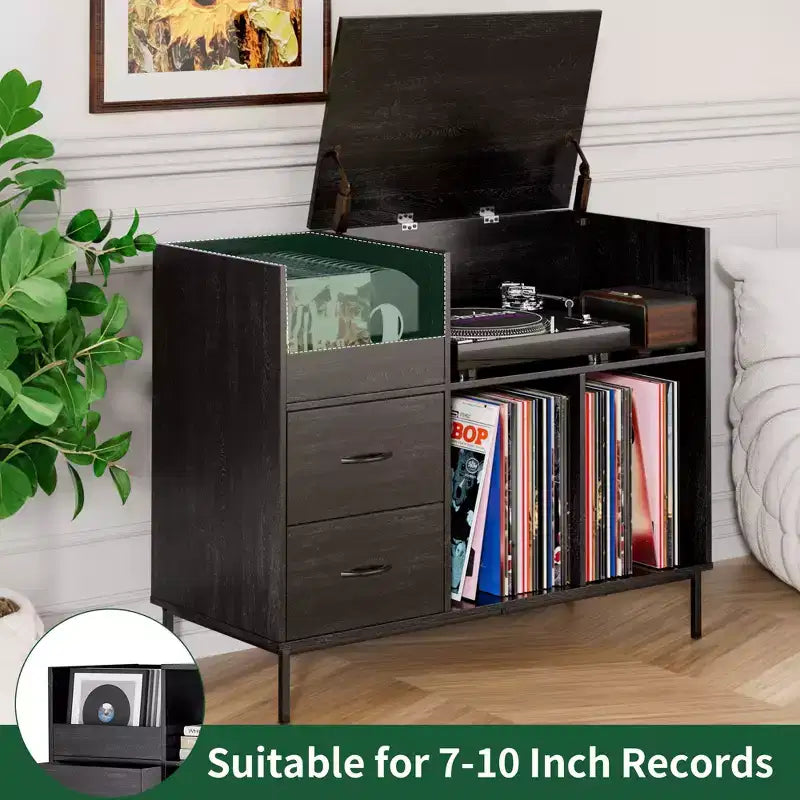 Meuble de tourne-disque à plateau relevable avec rangement, étagère pour platine vinyle et tiroirs, console audio média robuste en bois et métal