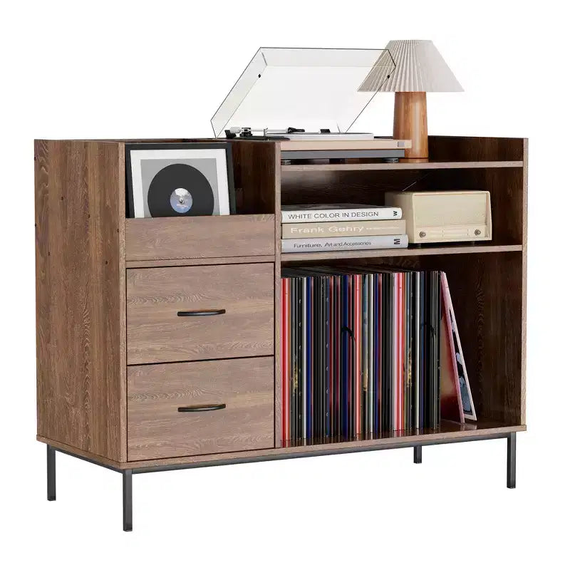 Meuble de tourne-disque à plateau relevable avec rangement, étagère pour platine vinyle et tiroirs, console audio média robuste en bois et métal