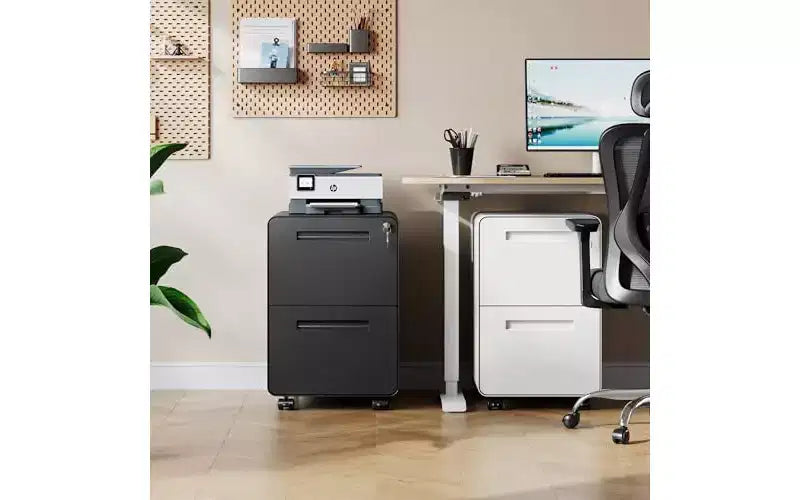 DEXYLLO Classeur métallique à 2 tiroirs à coins arrondis avec serrure, classeur mobile sous le bureau pour le bureau à domicile, noir
