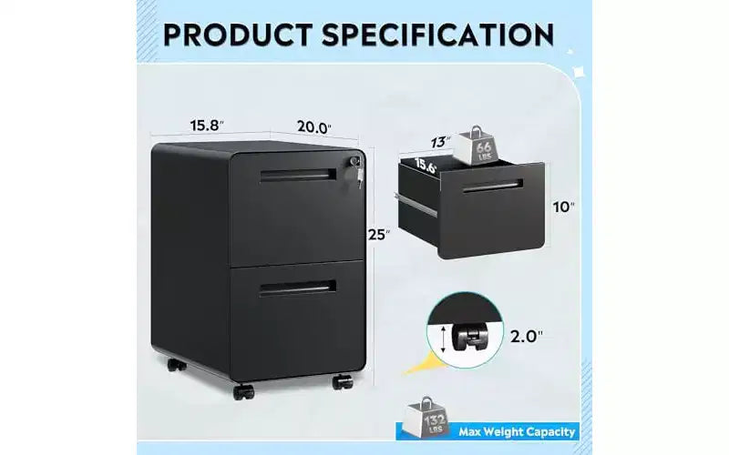 DEXYLLO Classeur métallique à 2 tiroirs à coins arrondis avec serrure, classeur mobile sous le bureau pour le bureau à domicile, noir