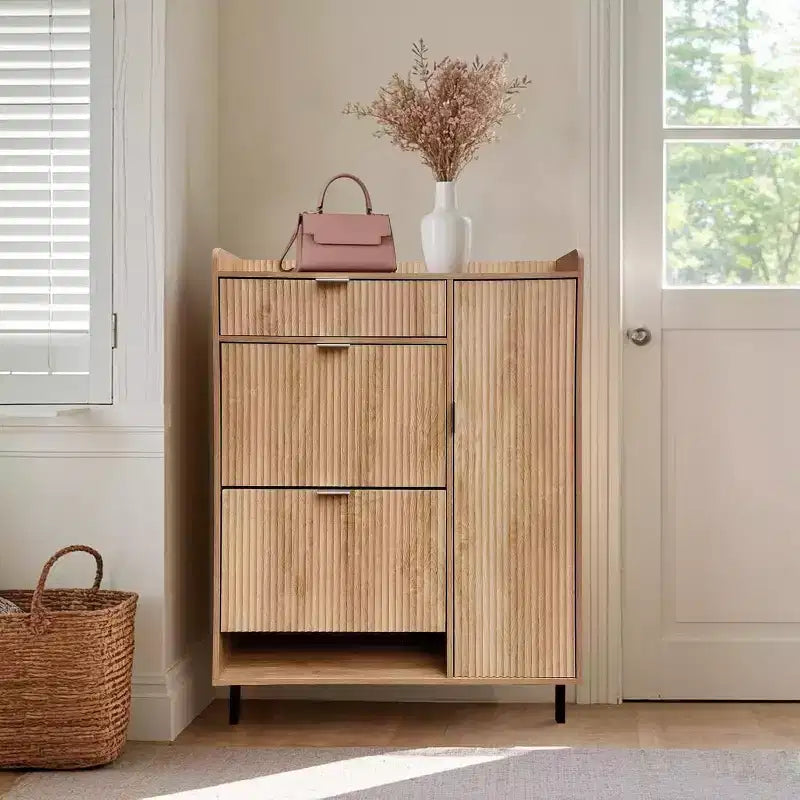 Shoe Cabinet with 2 Flip Drawers, Narrow Entryway Shoe Storage Cabinet with Side Door, Drawer & Metal Legs