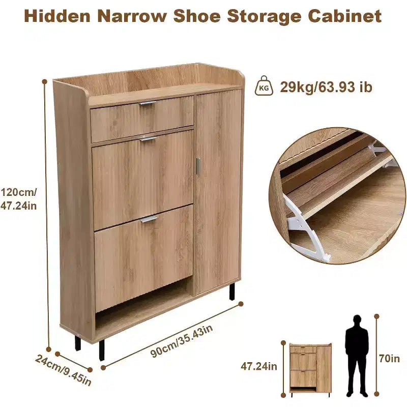 Meuble à chaussures avec 2 tiroirs basculants, meuble de rangement étroit pour chaussures avec porte latérale, tiroir et pieds en métal