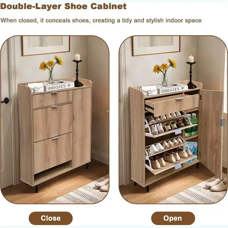 Meuble à chaussures avec 2 tiroirs basculants, meuble de rangement étroit pour chaussures avec porte latérale, tiroir et pieds en métal