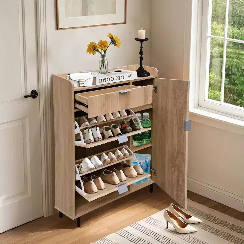 Meuble à chaussures avec 2 tiroirs basculants, meuble de rangement étroit pour chaussures avec porte latérale, tiroir et pieds en métal