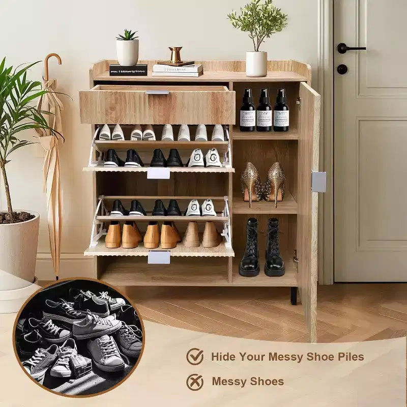 Meuble à chaussures avec 2 tiroirs basculants, meuble de rangement étroit pour chaussures avec porte latérale, tiroir et pieds en métal