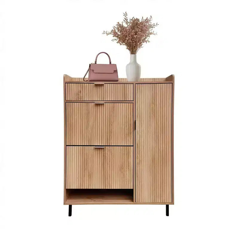 Meuble à chaussures avec 2 tiroirs basculants, meuble de rangement étroit pour chaussures avec porte latérale, tiroir et pieds en métal
