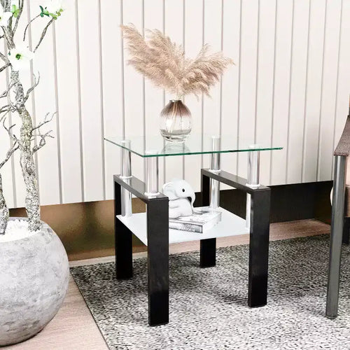 Table basse en verre trempé noir transparent 17,72, table d'appoint carrée à 2 niveaux avec pieds en métal pour salon chambre à coucher