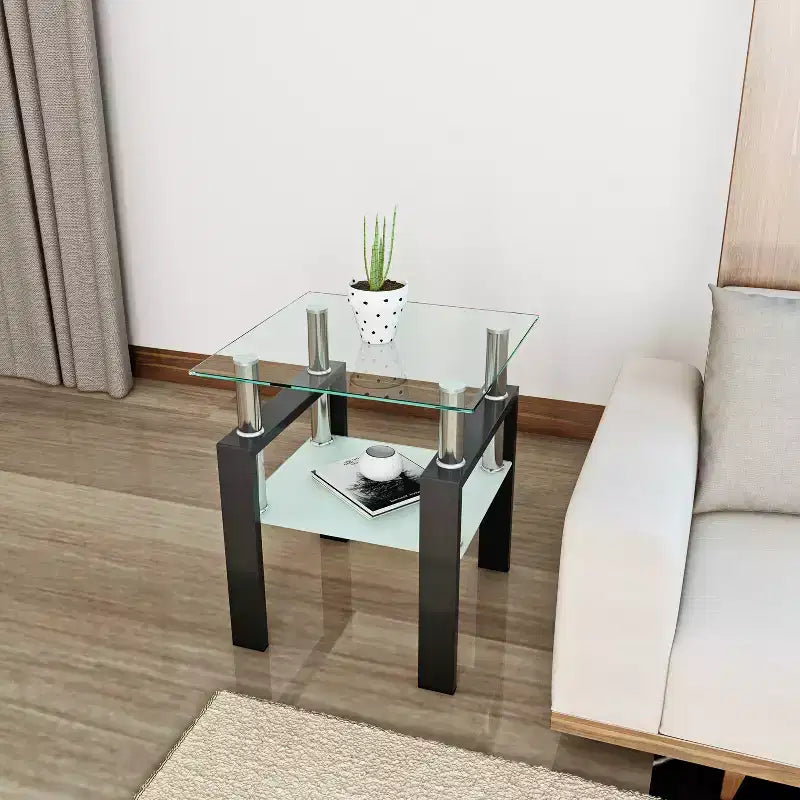 Table basse en verre trempé noir transparent 17,72, table d'appoint carrée à 2 niveaux avec pieds en métal pour salon chambre à coucher