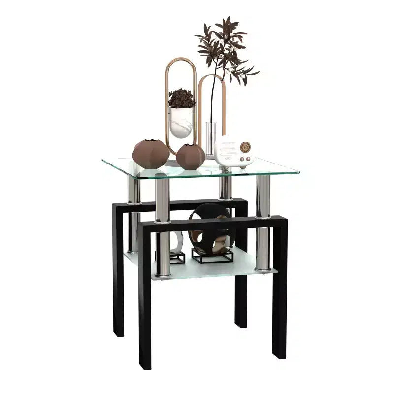 Table basse en verre trempé noir transparent 17,72, table d'appoint carrée à 2 niveaux avec pieds en métal pour salon chambre à coucher