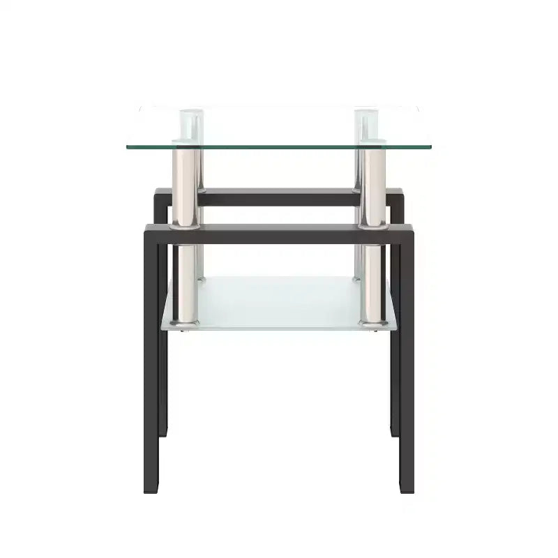 Table basse en verre trempé noir transparent 17,72, table d'appoint carrée à 2 niveaux avec pieds en métal pour salon chambre à coucher