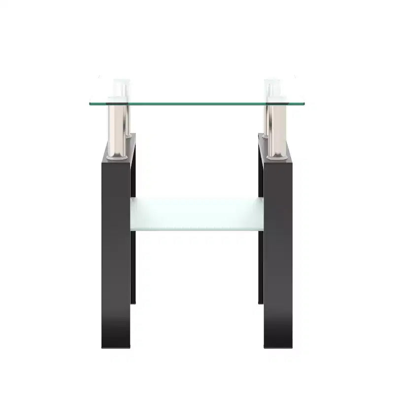 Table basse en verre trempé noir transparent 17,72, table d'appoint carrée à 2 niveaux avec pieds en métal pour salon chambre à coucher