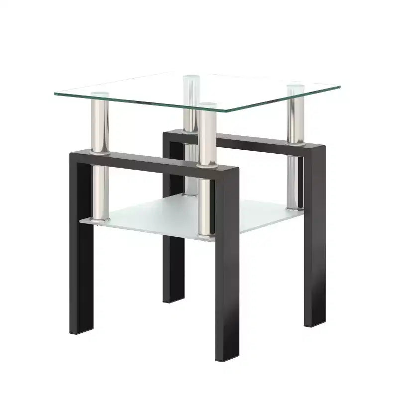 Table basse en verre trempé noir transparent 17,72, table d'appoint carrée à 2 niveaux avec pieds en métal pour salon chambre à coucher