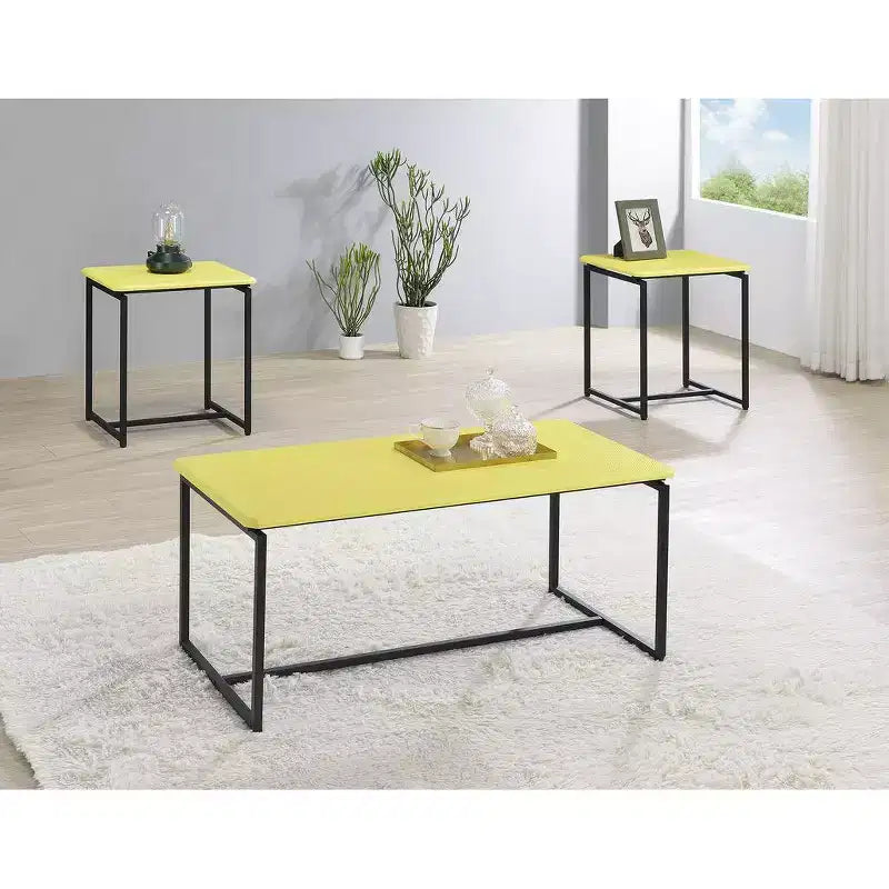 Gaetano 3 Piece Yellow Carbon Fiber Wrap Coffee Table Set, 39.5W Coffee Table with 2 End Tables MDF Top Metal Frame