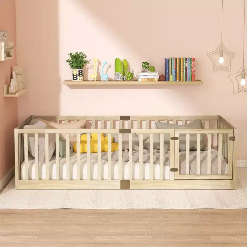 Lit jumeau superposé Sailvan avec barrières hautes et porte, cadre de lit plateforme en bois d'hévéa massif pour enfants