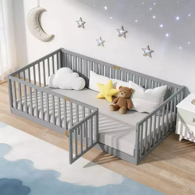 Sailvan Twin Floor Bed with High Fence Railings and Door,Solid Rubber Wood Kids Platform Bed Frame