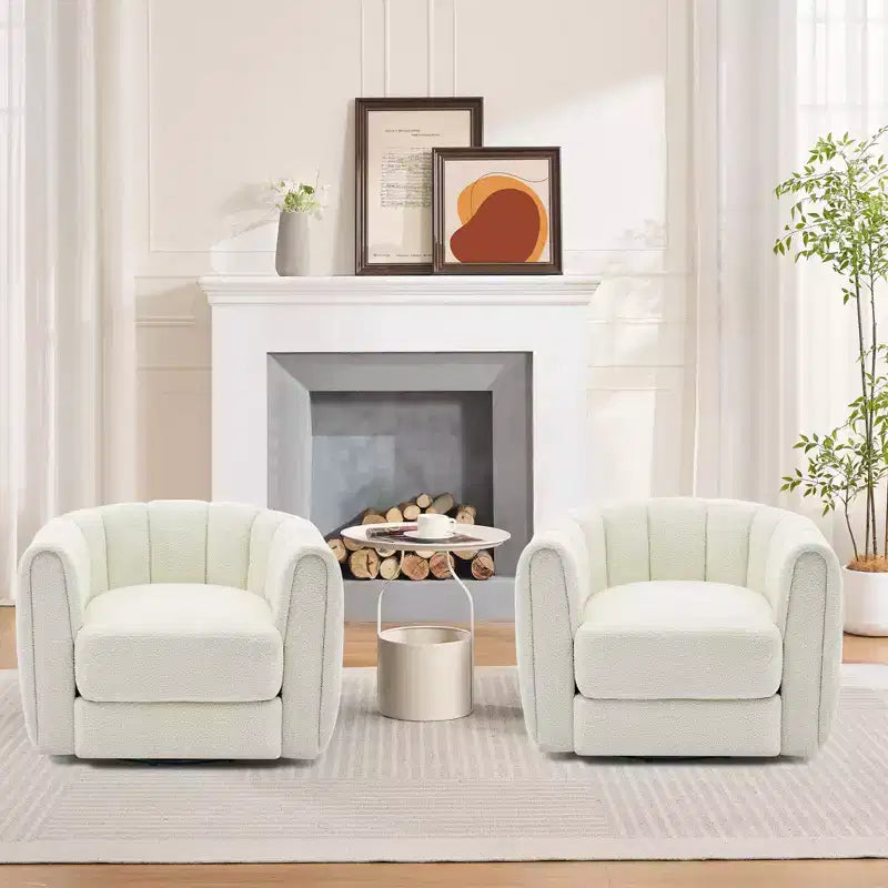2 fauteuils d'appoint pivotants, fauteuil barillet en tissu peluche Teddy à rotation 360°, base robuste, beige pour salon, chambre, bureau