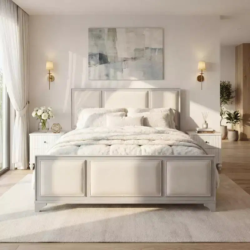 Lit plateforme ModernLuxe en bois avec tête et pied de lit rembourrés beiges, format King/Queen, style ferme moderne
