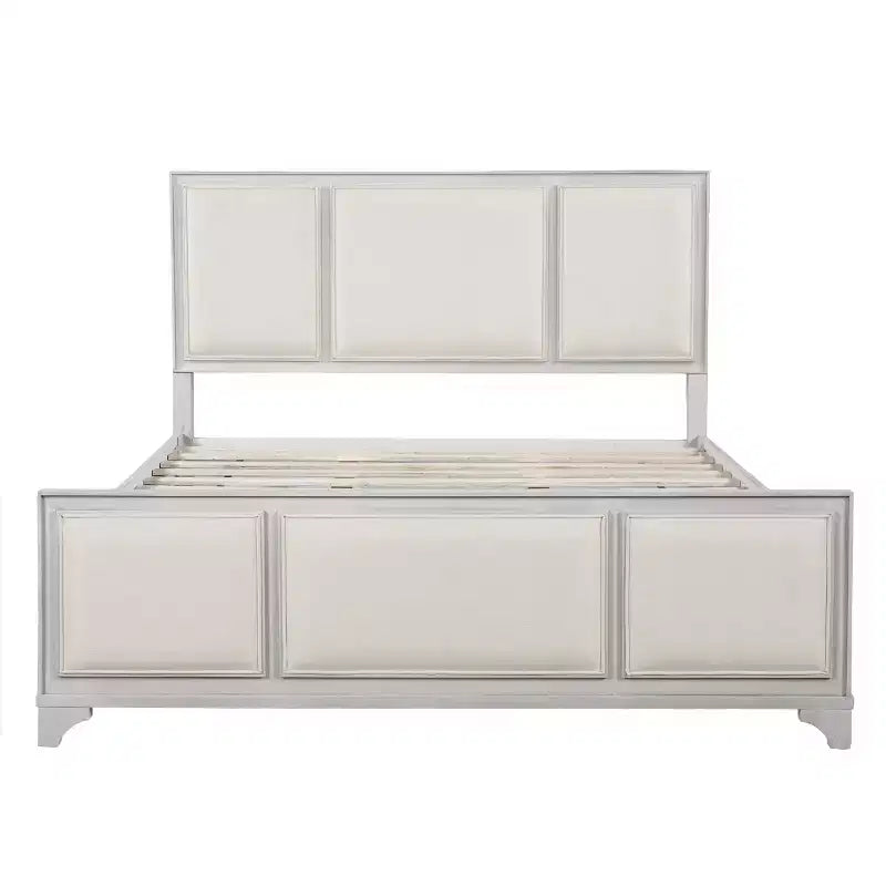 Lit plateforme ModernLuxe en bois avec tête et pied de lit rembourrés beiges, format King/Queen, style ferme moderne
