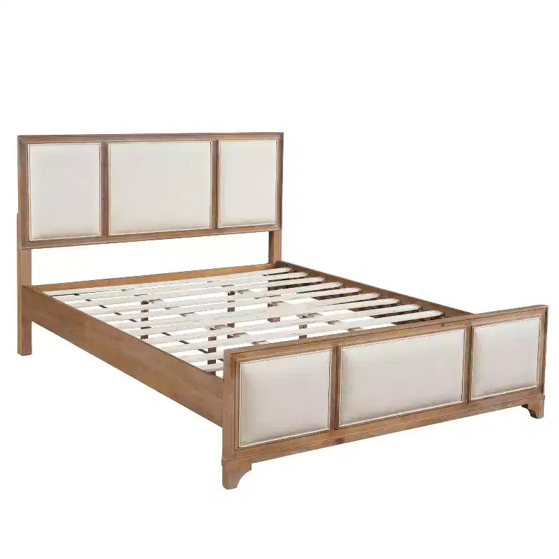 Lit plateforme ModernLuxe en bois avec tête et pied de lit rembourrés beiges, format King/Queen, style ferme moderne