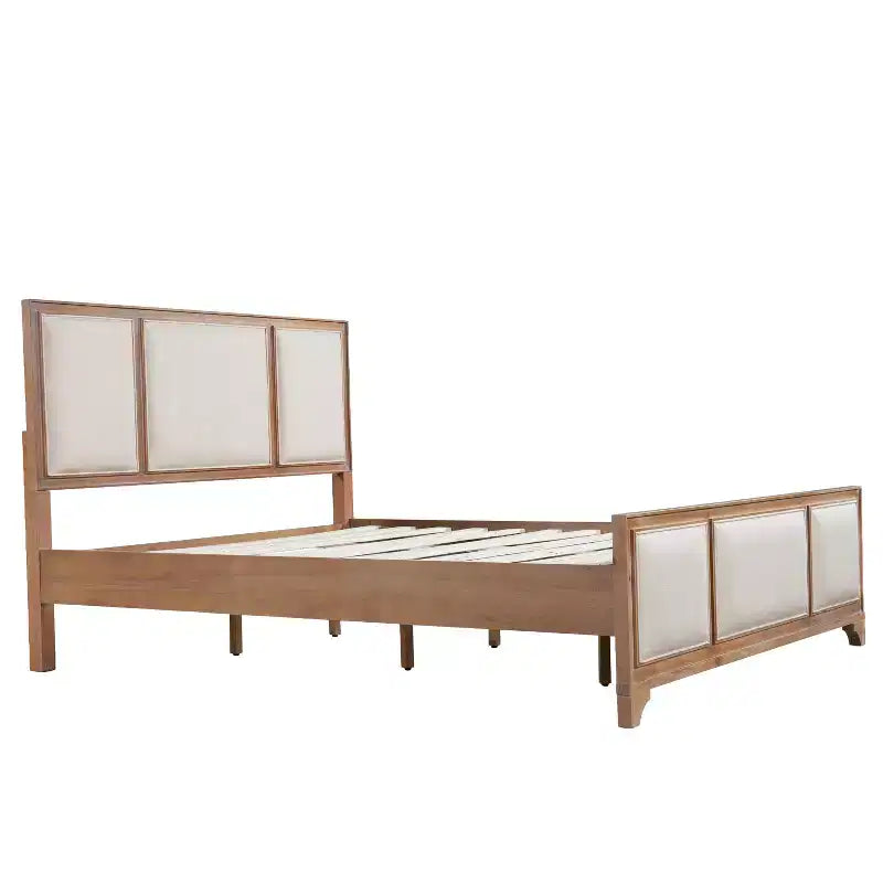Lit plateforme ModernLuxe en bois avec tête et pied de lit rembourrés beiges, format King/Queen, style ferme moderne