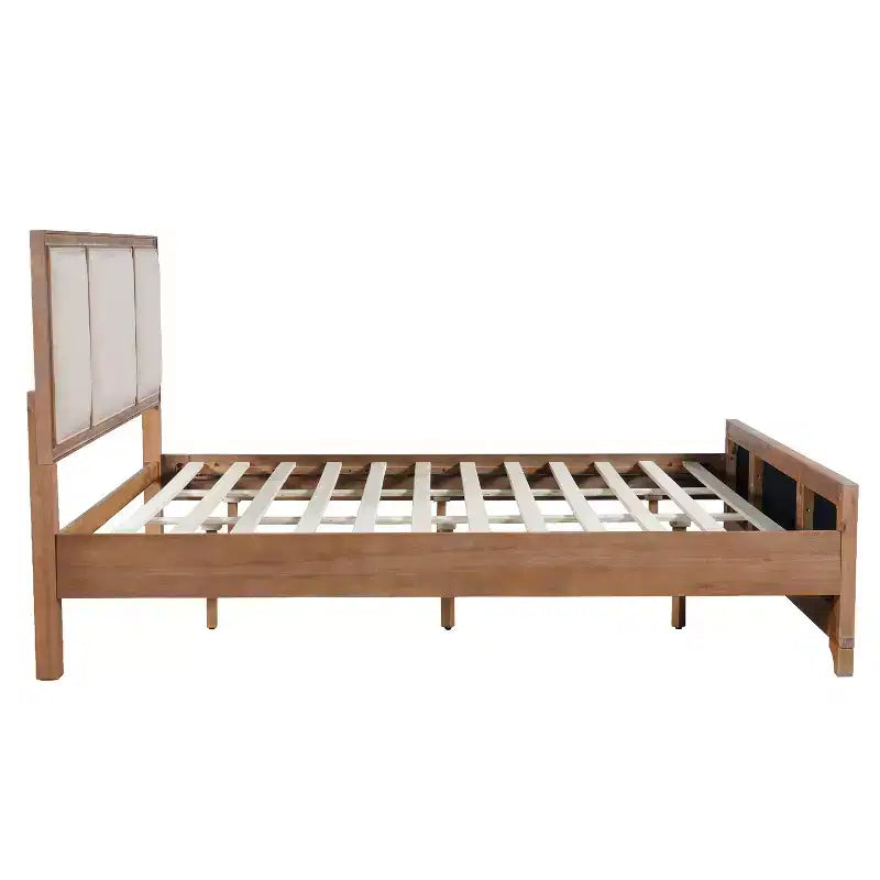 Lit plateforme ModernLuxe en bois avec tête et pied de lit rembourrés beiges, format King/Queen, style ferme moderne