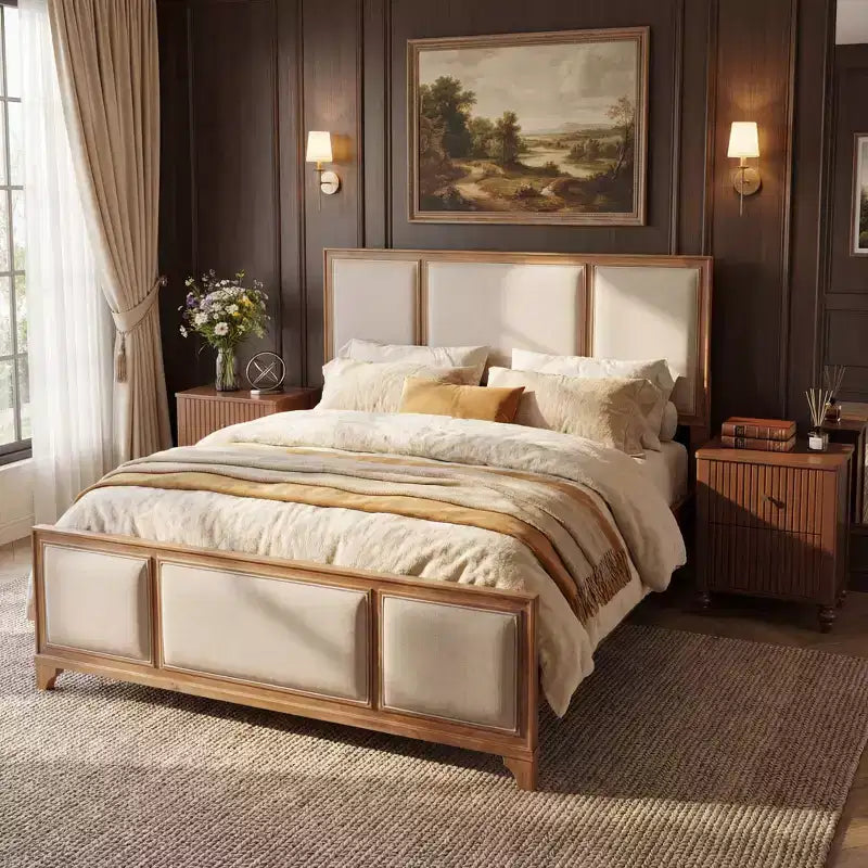 ModernLuxe King/Queen Size Wood Platform Bed with Upholstered Beige Headboard & Footboard, Modern Farmhouse Bed Frame