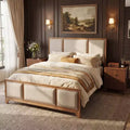 ModernLuxe King/Queen Size Wood Platform Bed with Upholstered Beige Headboard & Footboard, Modern Farmhouse Bed Frame