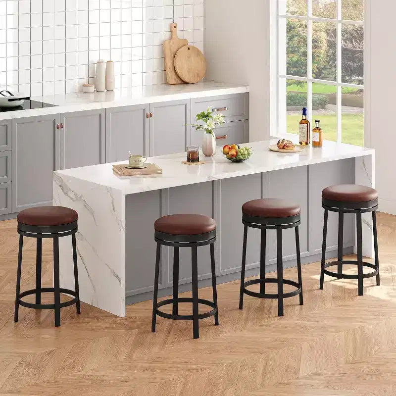 24 Swivel Bar Stools Set of 4, PU Leather Upholstered, Metal Frame, Backless Round, Counter Height for Kitchen Island/Home Bar