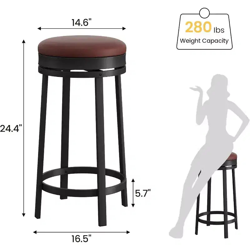 Lot de 4 tabourets de bar pivotants 24", revêtement en PU, cadre en métal, sans dossier, ronds, hauteur comptoir pour îlot de cuisine/bar maison