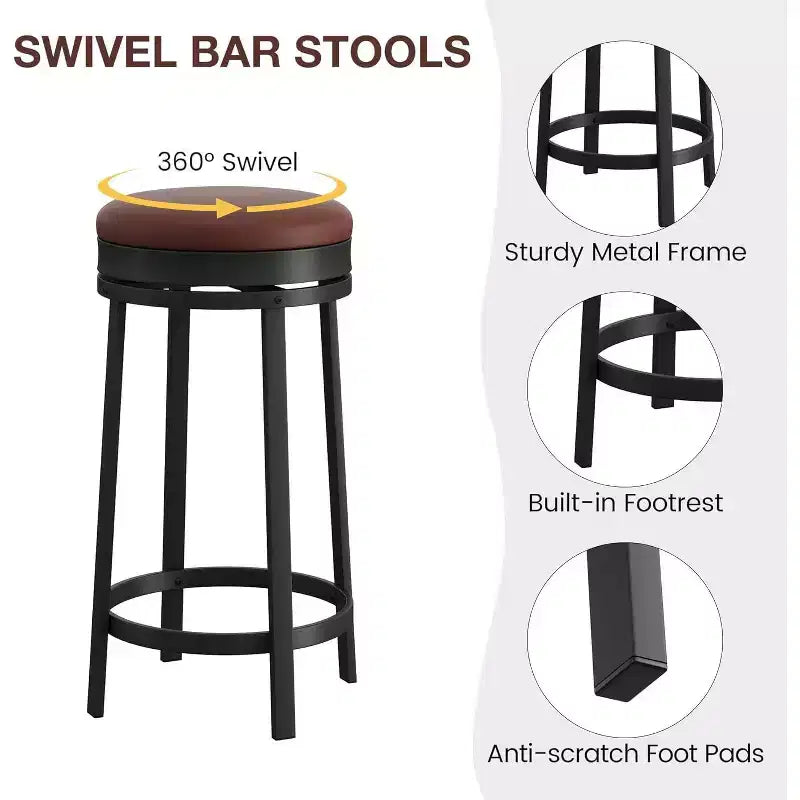 Lot de 4 tabourets de bar pivotants 24", revêtement en PU, cadre en métal, sans dossier, ronds, hauteur comptoir pour îlot de cuisine/bar maison